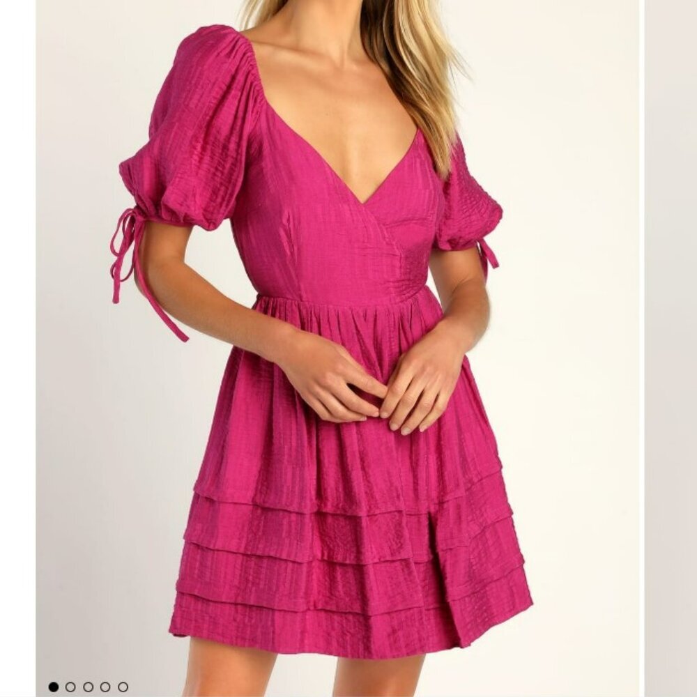 Lulu's Always Precious Magenta Puff Sleeve Tiered Tie Back Mini Dress Size L